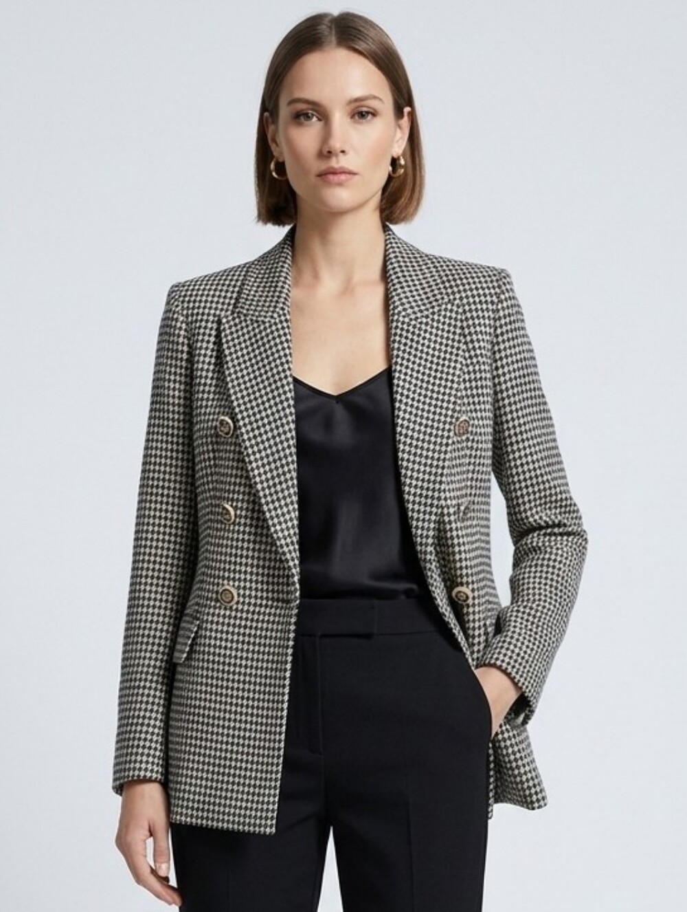 Zara Black & White Houndstooth Double-Breasted Blazer Size Xs